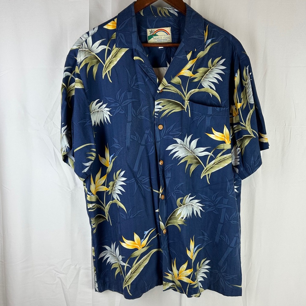 Paradise Found Hawaiian Shirt Mens Medium Navy‎ Blue Bird of Paradise Rayon